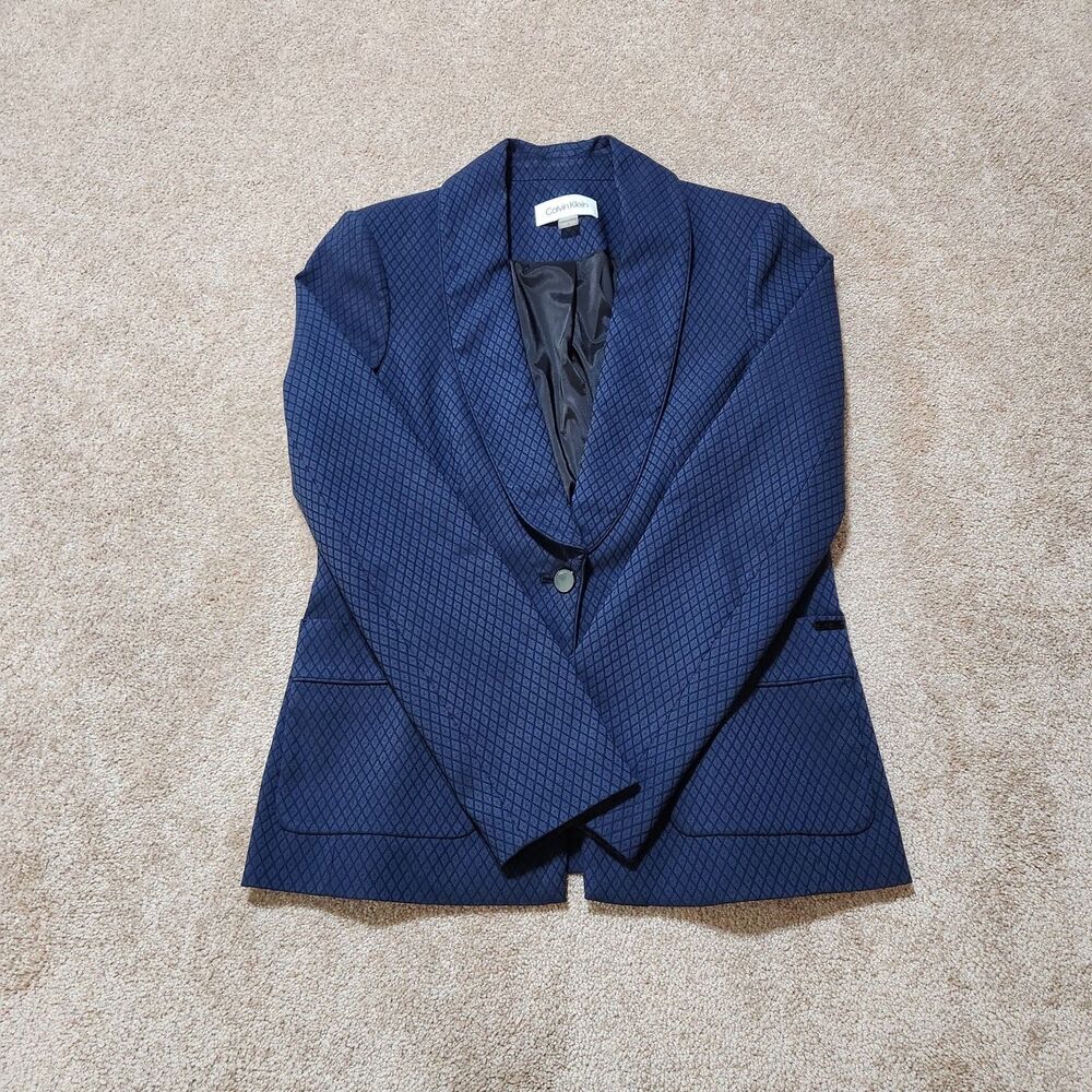 Calvin Klein Women 6 Blue Diamond Pattern One Button V-Neck Blazer